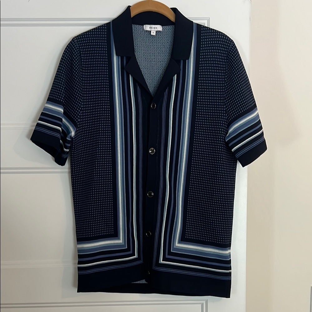 Reiss Navy Striped Short Sleeve Button-Up Shirt.